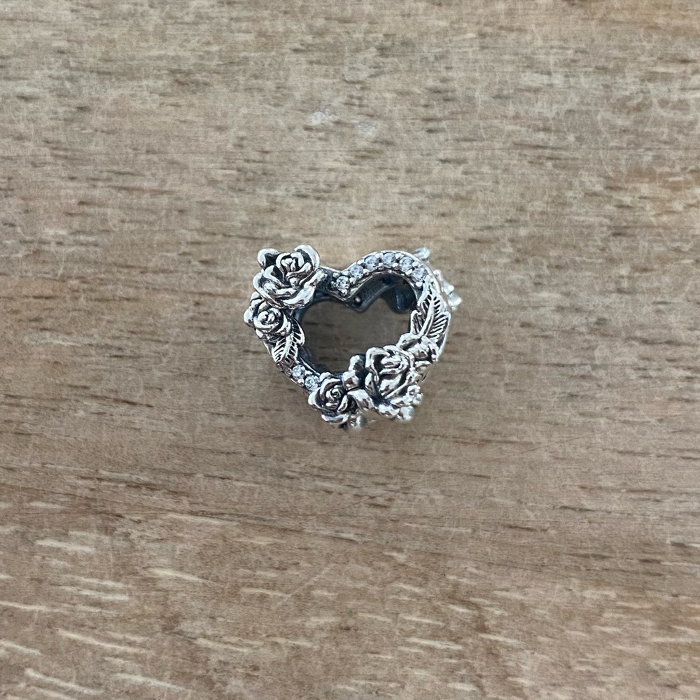 Sterling silver Pandora floral heart charm with rhinestones